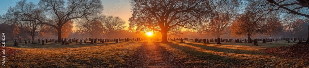 Obraz premium Beautiful sunrise over a quiet cemetery with large trees and gravestones. Generative AI