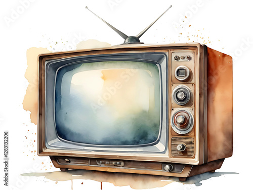 Old television on white background, watercolor illustration of TV