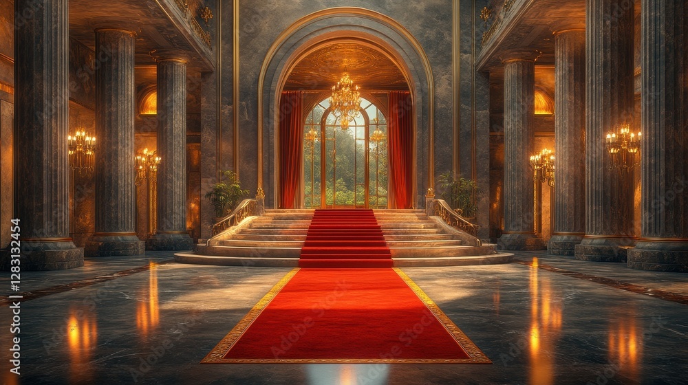 Grand Palace Entrance with Red Carpet and Marble Flooring Grand Palace Entrance with Red Carpet and Marble Flooring