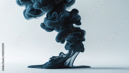 Dynamic black smoke swirling on white background, creating abstract shapes ideal for artistic and design projects. photo