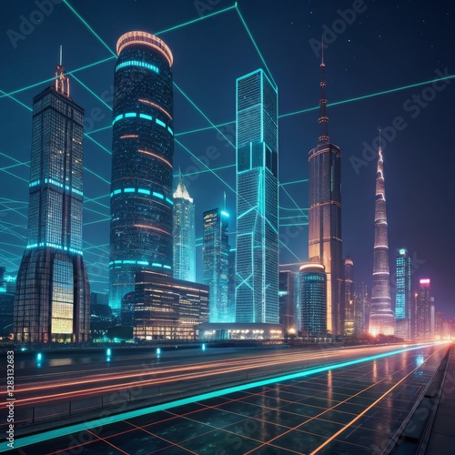 Cyberpunk Cityscape Night View of Illuminated Skyscrapers with Digital Network Overlay, Smart City, Futuristic Architecture Smart City, Futuristic Architecture