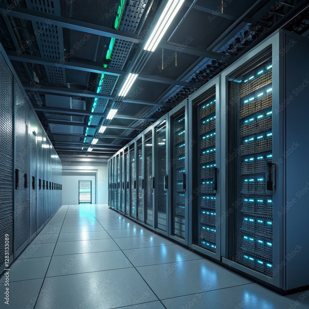 Data Center Server Room Long Corridor Composition, Illuminated Racks, Technology Concept, Data Storage, Network Infrastructure Data Center, Server Room Data Center Server Room Long Corridor Composition, Illuminated Racks, Technology Concept, Data Storage, Network Infrastructure Data Center, Server Room