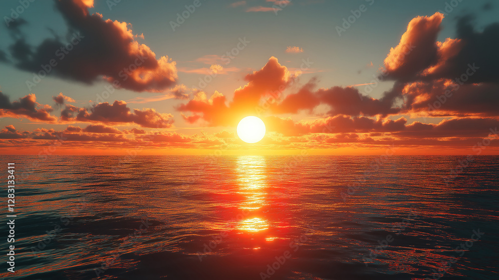 Obraz premium Stunning sunset on the ocean with the sun setting beyond the horizon casting light on water