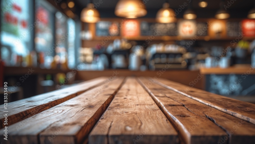 Empty wooden table top with blurred coffee shop background suitable for product display or design mockups. Panoramic perspective view. Empty wooden table top with blurred coffee shop background suitable for product display or design mockups. Panoramic perspective view.