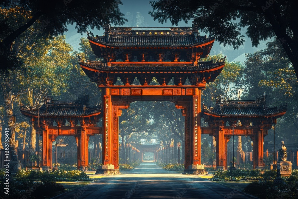 Fototapeta premium Serene Pathway Through Traditional Chinese Gateways