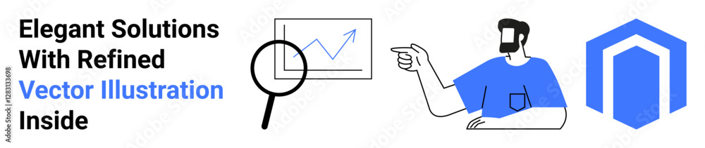 Man pointing at a growth chart under magnifying glass alongside geometric emblem. Ideal for analytics, data review, business insights, growth strategy, education, team collaboration, flat landing Man pointing at a growth chart under magnifying glass alongside geometric emblem. Ideal for analytics, data review, business insights, growth strategy, education, team collaboration, flat landing