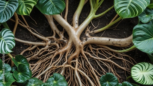 Abstract overhead view of intricate plant roots of Anthurium plowmanii surrounded by lush green leaves on dark soil background. photo