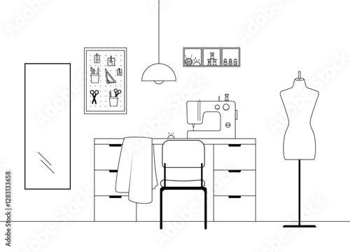 Tailor shop interior. Sewing and tailoring concept. Vector illustration in line art style. 