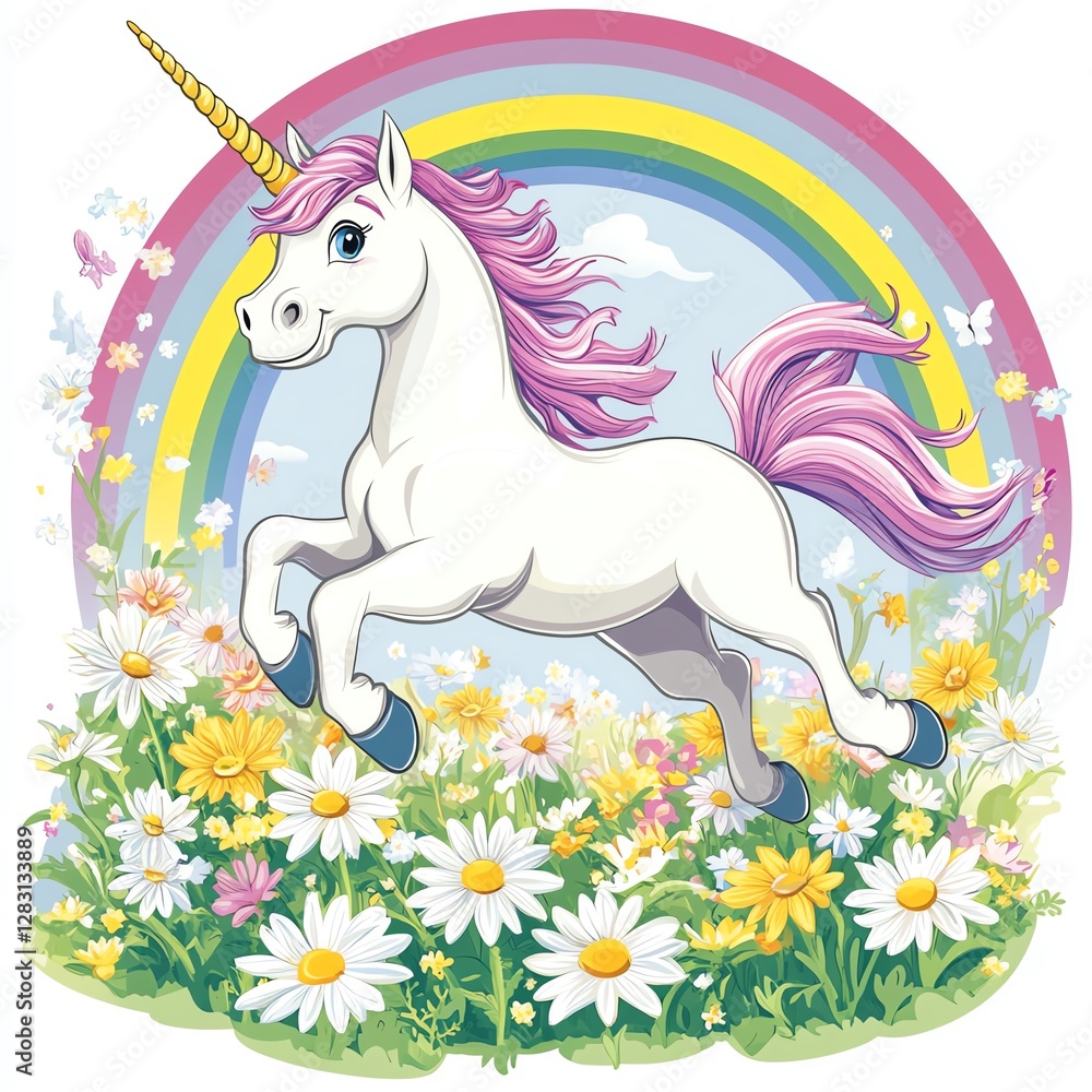 Fototapeta premium A whimsical unicorn frolics in a vibrant field under a colorful rainbow.