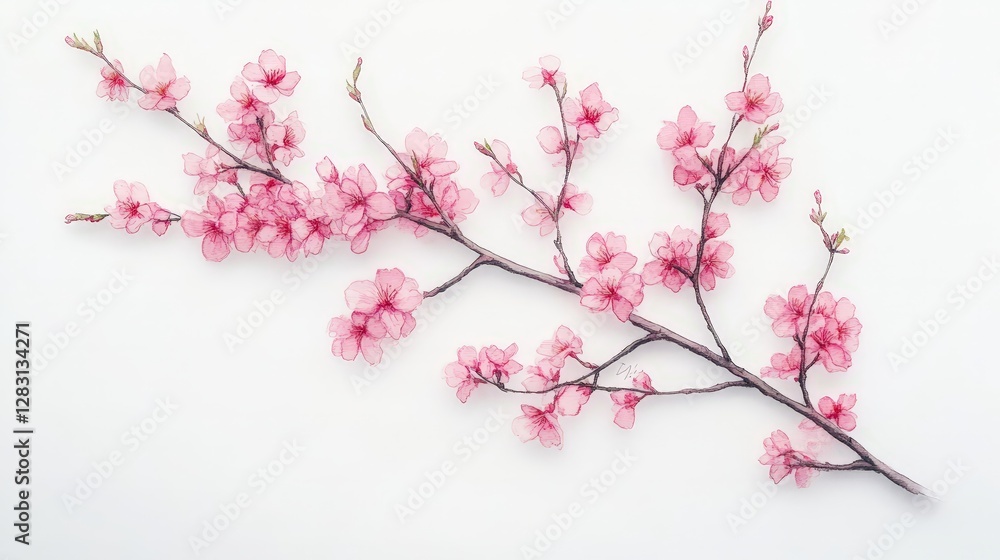 A delicate branch of pink cherry blossoms against a white background. A delicate branch of pink cherry blossoms against a white background.