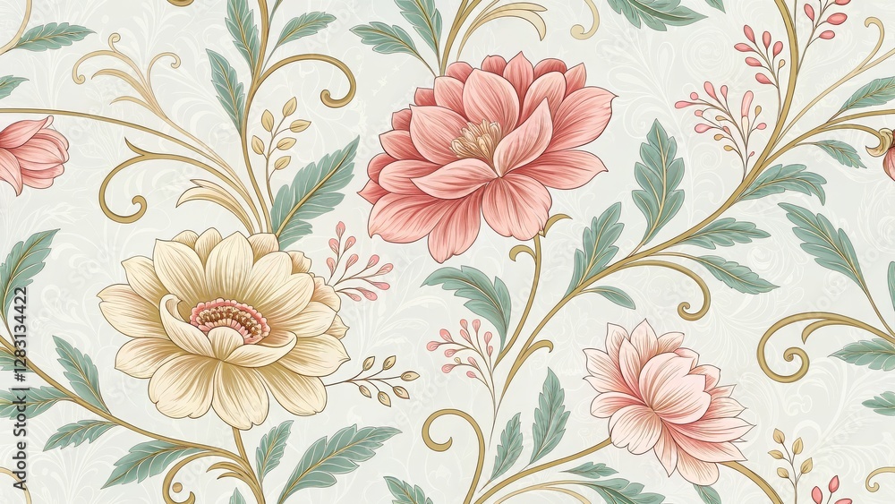 custom made wallpaper toronto digitalElegant Floral Damask Seamless Pattern Pink and Beige Blooms, Vintage Design, Botanical Illustration Floral Pattern, Damask Print