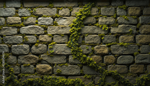 Stone Wall with Moss and Vines in Natural Light