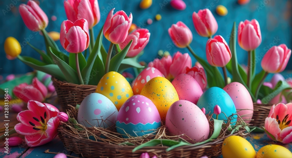 Colorful Easter eggs surrounded by vibrant pink tulips in a rustic basket, embodying the joy and beauty of spring celebrations. Colorful Easter eggs surrounded by vibrant pink tulips in a rustic basket, embodying the joy and beauty of spring celebrations.