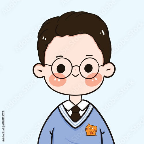 Cute cartoon illustration of a young boy with short black hair, round glasses, and rosy cheeks. He wears a blue sweater over a white collared shirt with a black tie