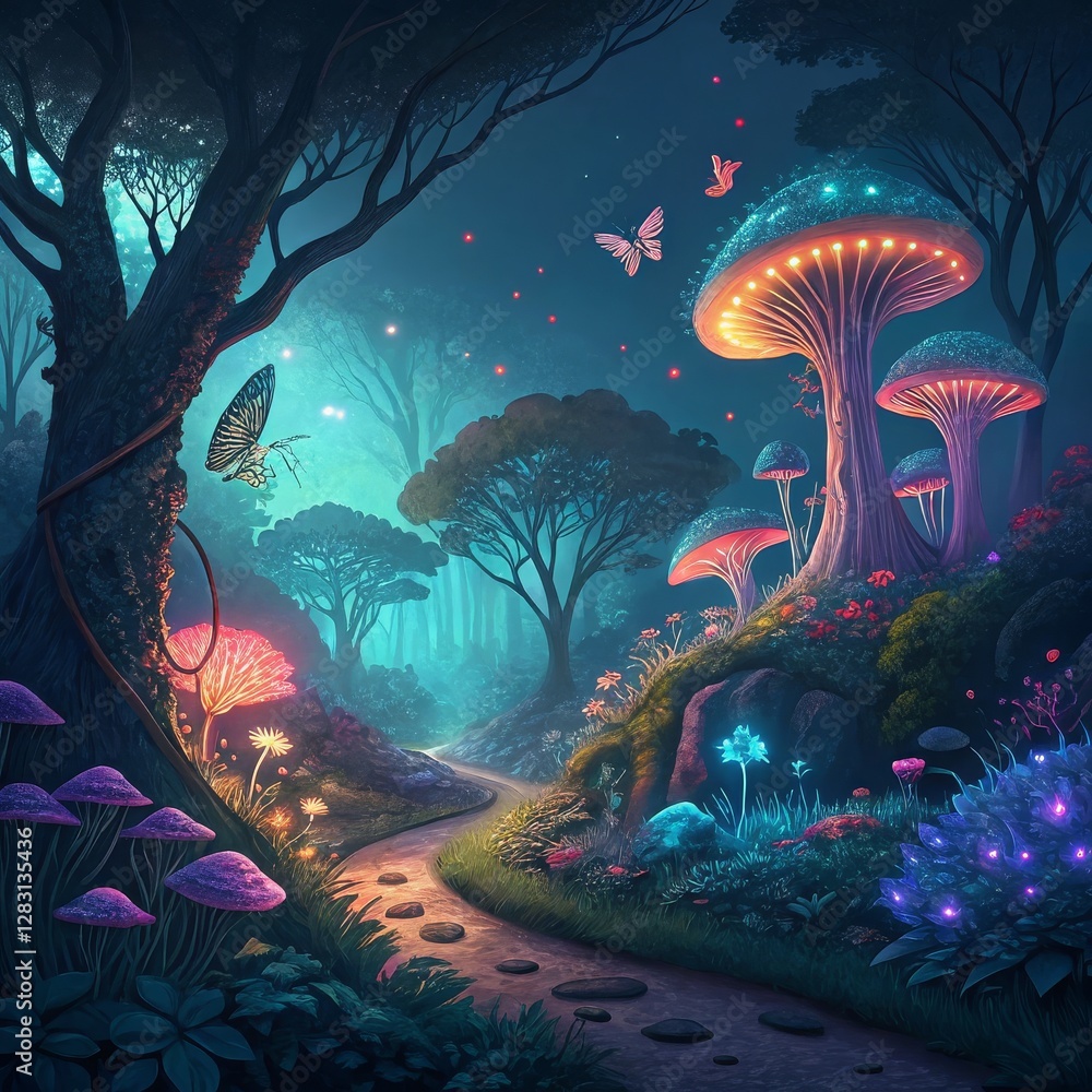 Enchanted Glowing Forest Path Digital Painting, Fantasy Landscape, Bioluminescent Mushrooms, Butterflies, digital art, fantasy fantasy art, bioluminescent Enchanted Glowing Forest Path Digital Painting, Fantasy Landscape, Bioluminescent Mushrooms, Butterflies, digital art, fantasy fantasy art, bioluminescent