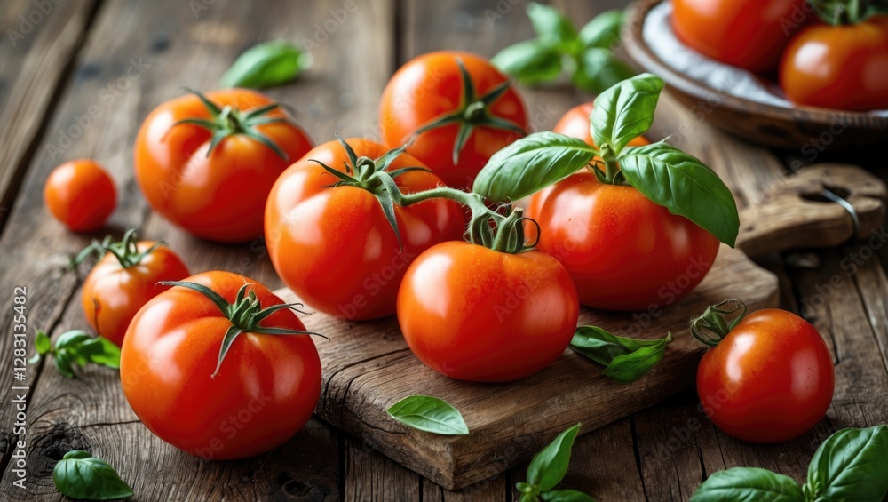 Ripe tomatoes with fresh basil leaves arranged on a rustic wooden table creating a vibrant and appetizing kitchen scene Ripe tomatoes with fresh basil leaves arranged on a rustic wooden table creating a vibrant and appetizing kitchen scene