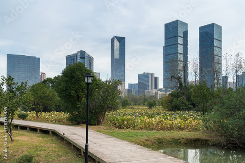spring park and modern city
