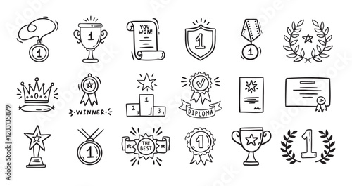 Awards doodle, trophy cups, first place medals and diploma set. Hand drawn champion trophy cup and gold medal. Drawing award decorative isolated icons. 