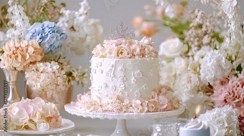 Whimsical birthday celebration featuring a white cake with pastel floral decorations and a beautiful tiara.