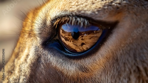 Close-up of a gazelle's eye reflecting a desert landscape, showcasing nature's intricate details