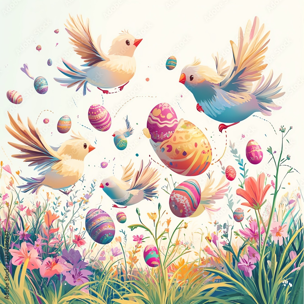 Obraz premium Colorful birds fly around decorated eggs in a vibrant, floral spring landscape.