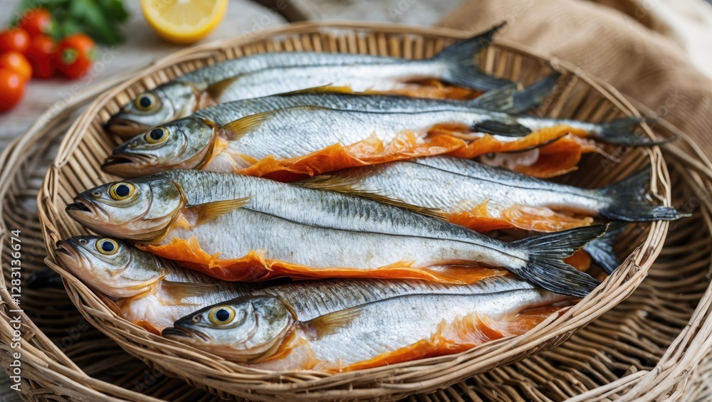 Dried fish on a woven plate showcasing traditional food preservation methods with fresh ingredients for a healthy meal. Dried fish on a woven plate showcasing traditional food preservation methods with fresh ingredients for a healthy meal.