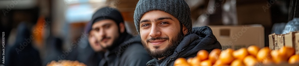 Smiling man at a marketplace with oranges and other fruits in the background. Generative AI Smiling man at a marketplace with oranges and other fruits in the background. Generative AI