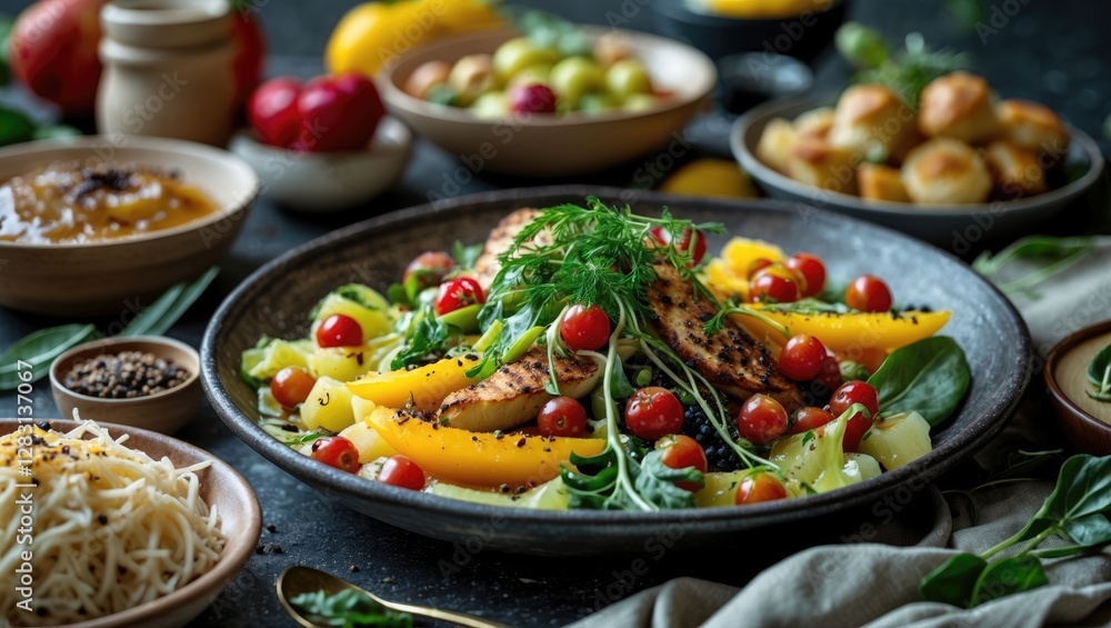 Colorful Gourmet Salad with Grilled Chicken Tomatoes and Fresh Greens in a Rustic Setting Perfect for Culinary Photography and Food Promotions. Colorful Gourmet Salad with Grilled Chicken Tomatoes and Fresh Greens in a Rustic Setting Perfect for Culinary Photography and Food Promotions.