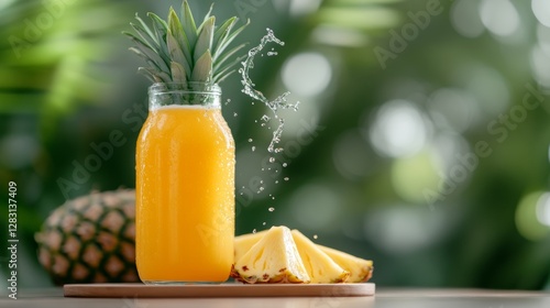 Pineapple juice bottle splashed with cold water, tropical paradise mood photo