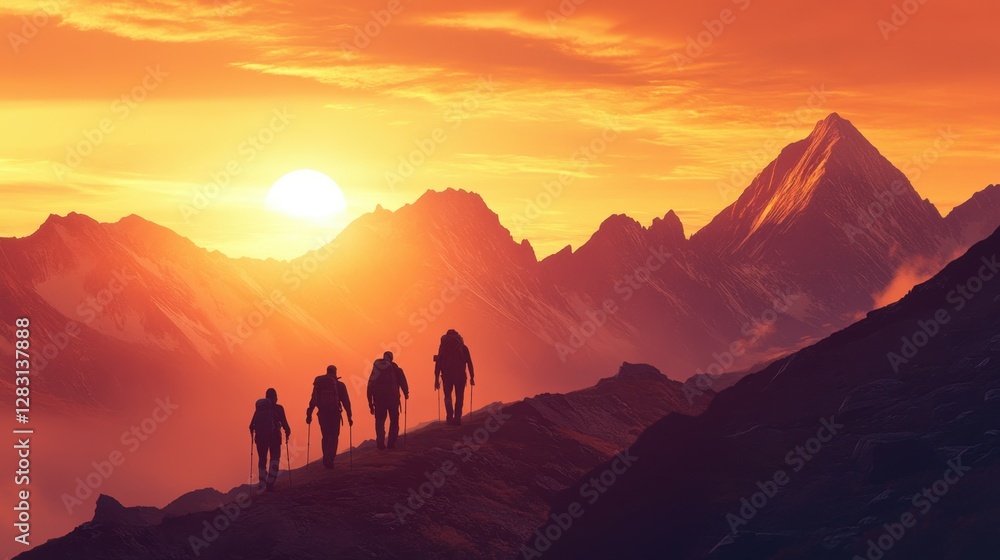 Group of hikers walks in mountains at sunset Group of hikers walks in mountains at sunset