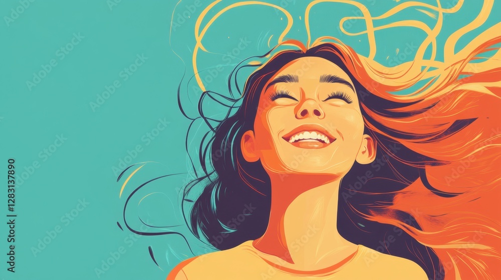 Joyful Woman with Long Hair Smiling Upward in Bright Illustration Joyful Woman with Long Hair Smiling Upward in Bright Illustration