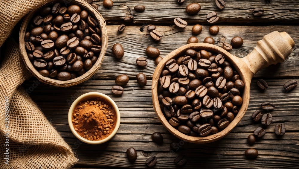 Top view of roasted coffee beans and ground coffee on rustic wooden table with burlap sack, perfect for food and beverage presentations. Top view of roasted coffee beans and ground coffee on rustic wooden table with burlap sack, perfect for food and beverage presentations.