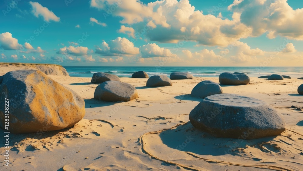 Serene coastal scene featuring smooth boulders on a sandy beach under a clear blue sky with scattered clouds in the background.
