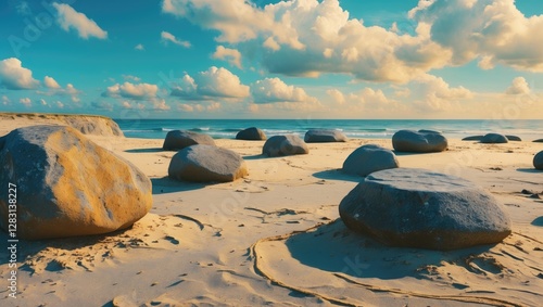 Obraz na płótnie Serene coastal scene featuring smooth boulders on a sandy beach under a clear blue sky with scattered clouds in the background. w salonie