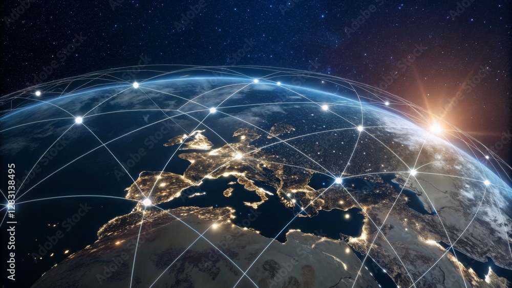 Global Network Earth at Night, Illuminated Cities and Interconnected Lines, Digital Connectivity, Sunrise, Planet Earth Global Networking, Digital Infrastructure Global Network Earth at Night, Illuminated Cities and Interconnected Lines, Digital Connectivity, Sunrise, Planet Earth Global Networking, Digital Infrastructure