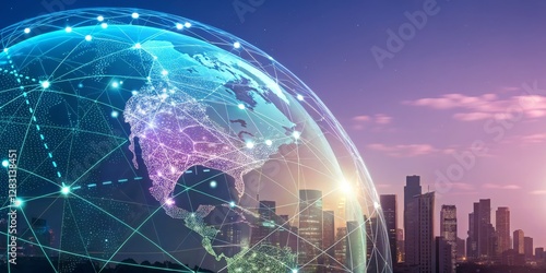 Global Network Cityscape and Connected World, Digital Globe, Network Connectivity Global Network, Connectivity, Digital Transformation