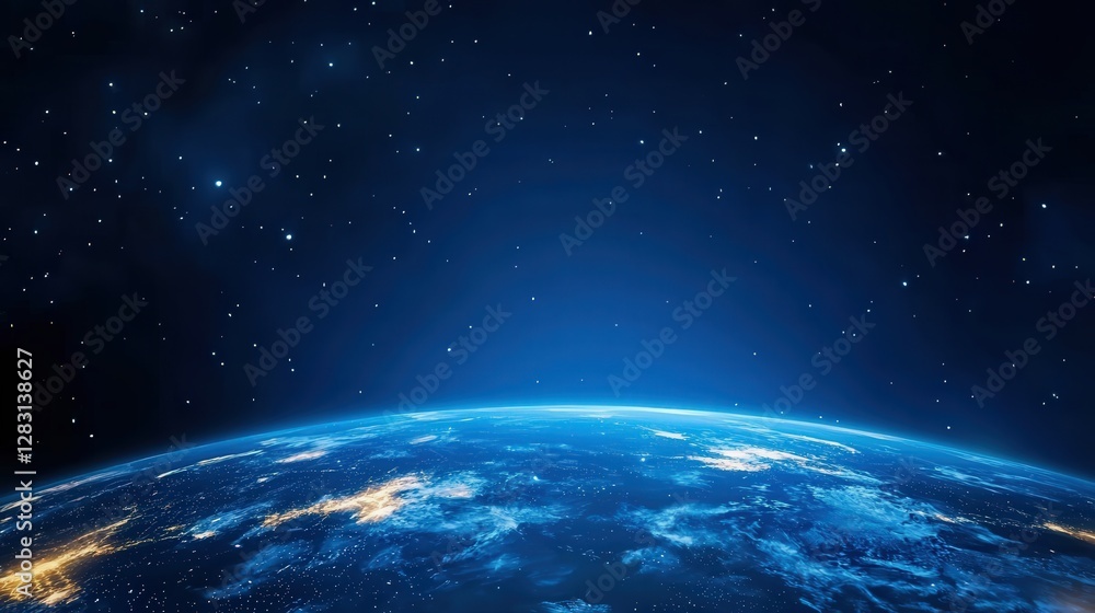 Obraz premium A stunning view of Earth from space, showcasing its vibrant blue atmosphere and distant stars against a dark celestial backdrop.