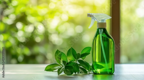 eco friendly cleaning green spray detergent in bottle, concept of spring cleaning housekeeping housework, clean bathroom house with sustainable environmentally friendly bio organic cleaning liquid