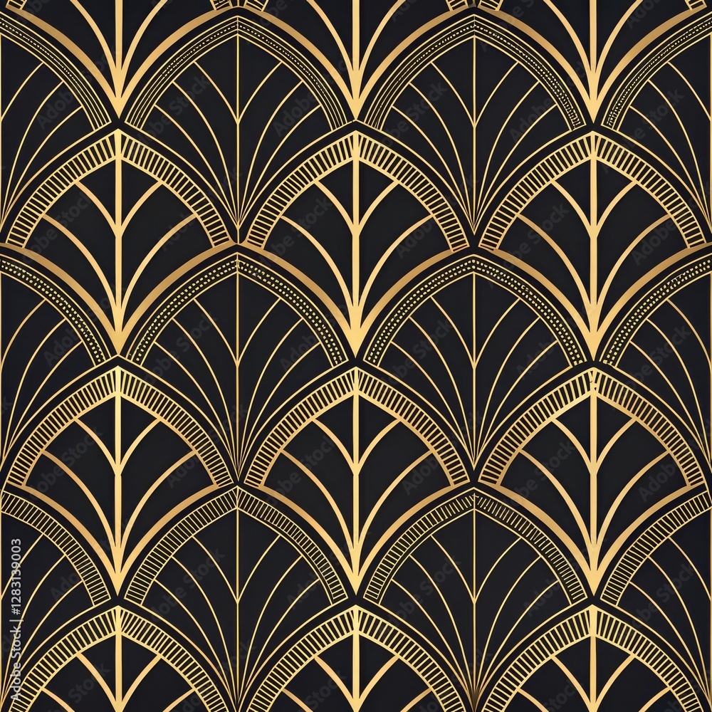 Fototapeta Gold Art Deco Seamless Pattern Geometric Fan Design, Black and Gold, Luxury Texture, Repeating Background Art Deco, Geometric Pattern