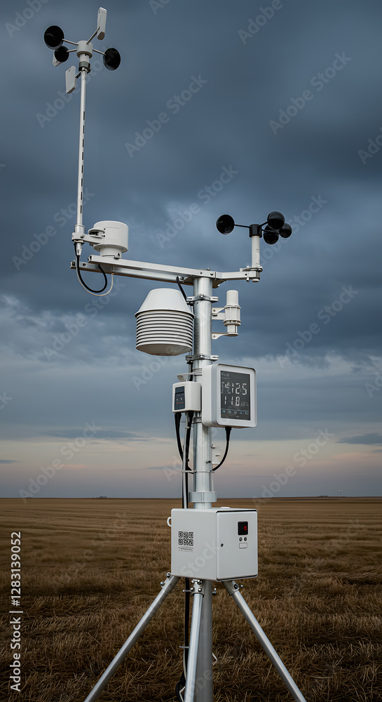 A weather station with various meteorological instruments stands in an open field under a cloudy sky. A weather station with various meteorological instruments stands in an open field under a cloudy sky.