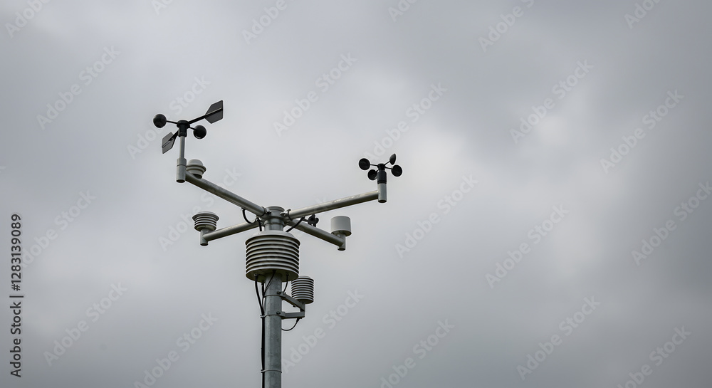 A weather station with various meteorological instruments stands in an open field under a cloudy sky. A weather station with various meteorological instruments stands in an open field under a cloudy sky.