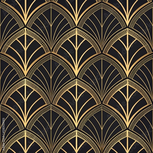 Gold Art Deco Seamless Pattern Geometric Fan Design, Black and Gold, Luxury Texture, Repeating Background Art Deco, Geometric Pattern