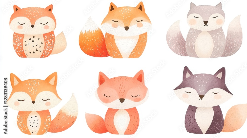 Obraz premium Mystical Animal Totems featuring foxes, owls, wolves, showcasing their spiritual meanings in a colorful watercolor style on a clean white background for artistic use