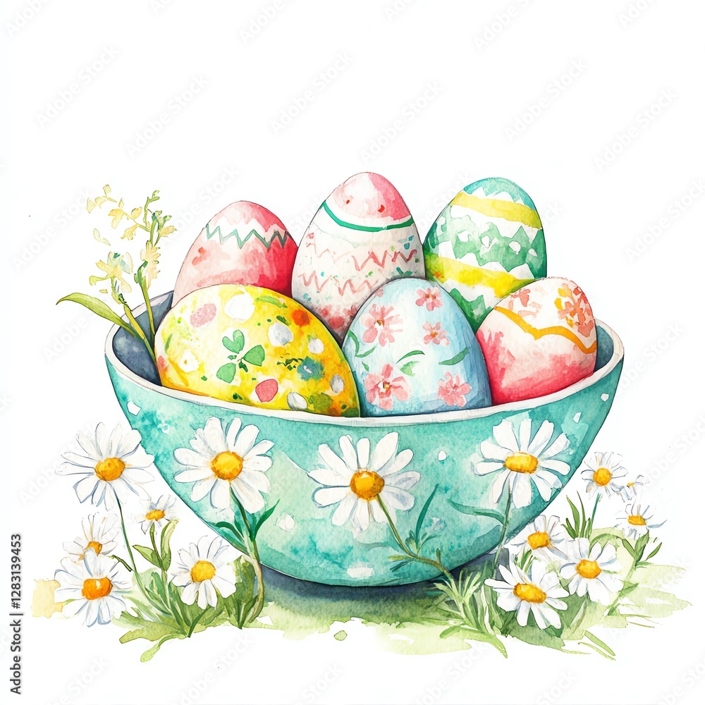 Fototapeta premium Colorful Easter eggs in a bowl surrounded by daisies, celebrating spring festivities.