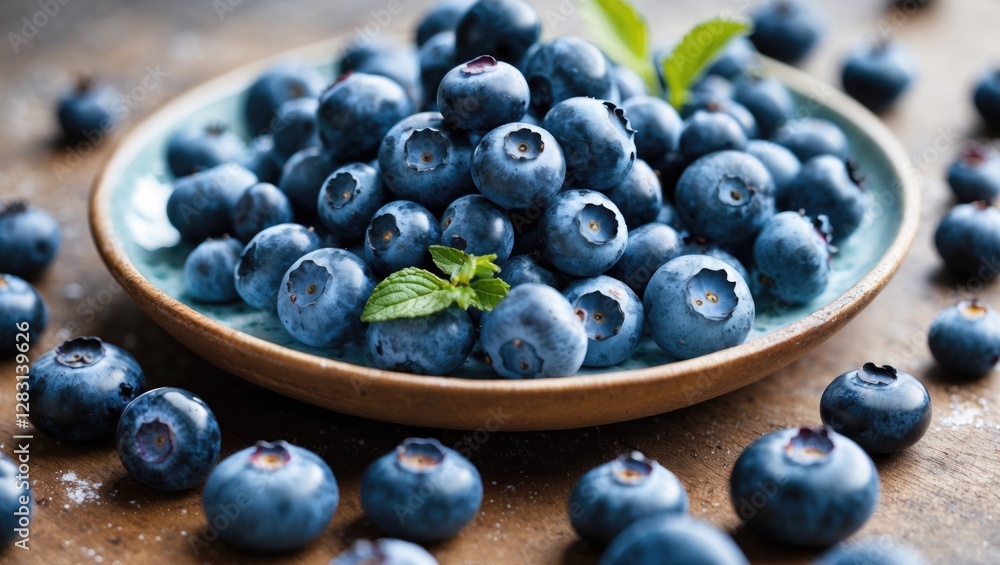 Vibrant plate of freshly picked blueberries with mint leaves placed on rustic wooden background showcasing natural food beauty Vibrant plate of freshly picked blueberries with mint leaves placed on rustic wooden background showcasing natural food beauty