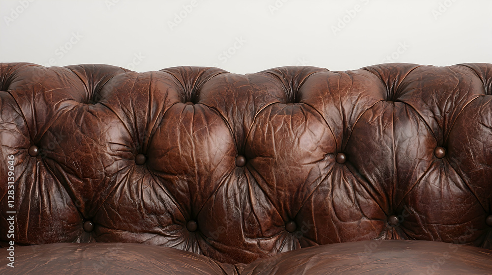 Brown leather Chesterfield sofa detail, indoors, simple background. Home decor Brown leather Chesterfield sofa detail, indoors, simple background. Home decor