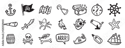 pirate adventure and sea elements. ship, coins, bottle, anchor doodle hand drawn icon set. Outline drawing pirate sea adventure line clipart symbol collection