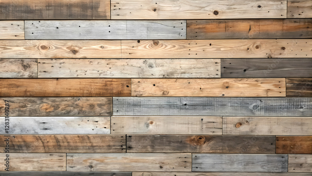 Reclaimed wood panel background with mixed tones, exudes warmth and organic texture, creating rustic and inviting visual appeal Reclaimed wood panel background with mixed tones, exudes warmth and organic texture, creating rustic and inviting visual appeal