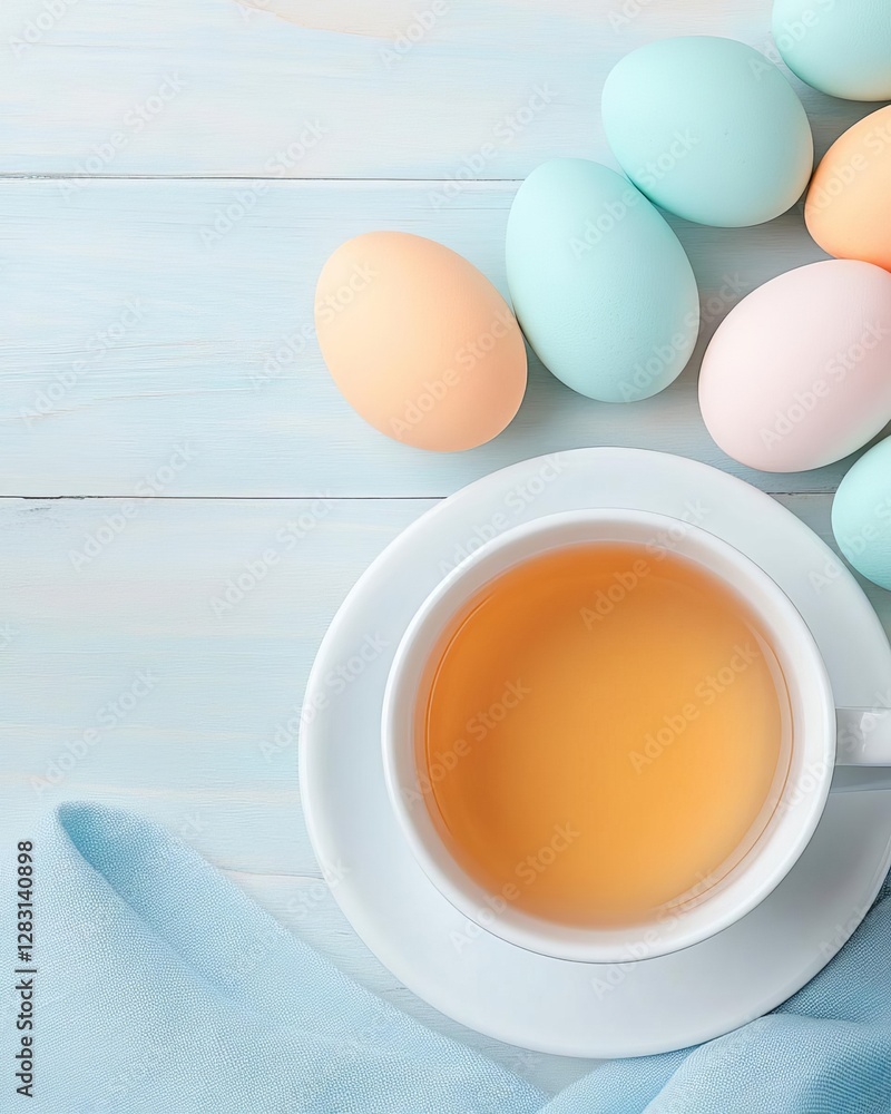 A serene tea setup with pastel-colored eggs on a light blue wooden background. A serene tea setup with pastel-colored eggs on a light blue wooden background.