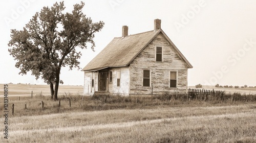 Sepia-toned Farmhouse in a Vast Prairie Landscape